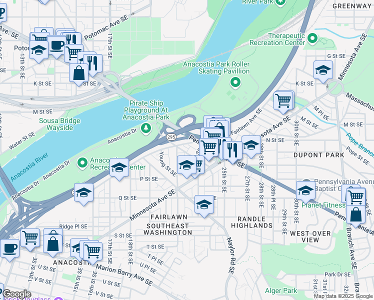 map of restaurants, bars, coffee shops, grocery stores, and more near 2222 Nicholson Street Southeast in Washington