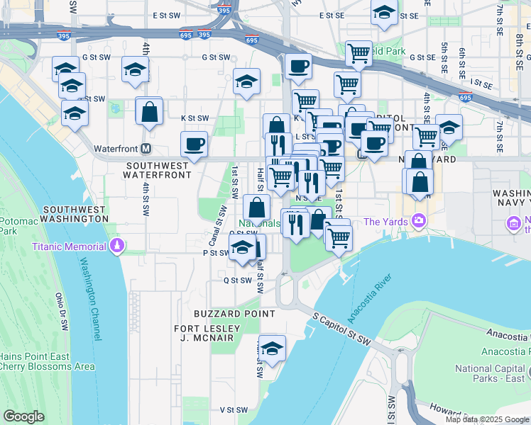 map of restaurants, bars, coffee shops, grocery stores, and more near 1322 Half Street Southwest in Washington