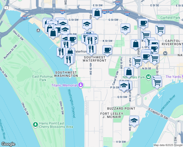 map of restaurants, bars, coffee shops, grocery stores, and more near 1356 4th Street Southwest in Washington
