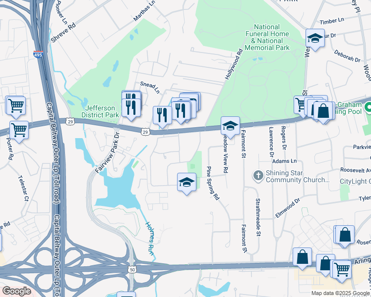 map of restaurants, bars, coffee shops, grocery stores, and more near 2854 Dover Lane in Falls Church