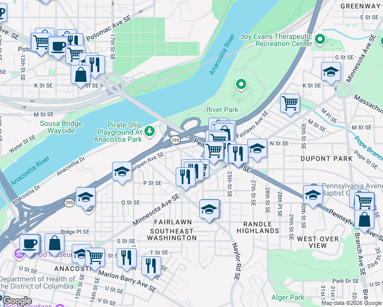 map of restaurants, bars, coffee shops, grocery stores, and more near 2222 Nicholson Street Southeast in Washington
