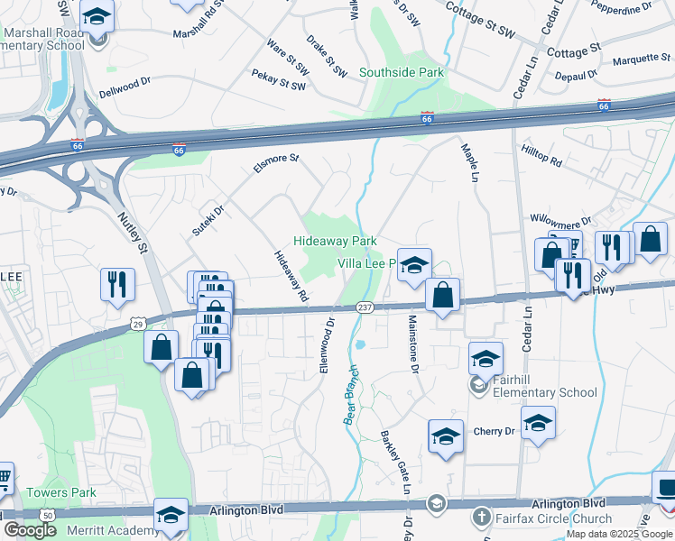 map of restaurants, bars, coffee shops, grocery stores, and more near 2912 Glenvale Drive in Fairfax