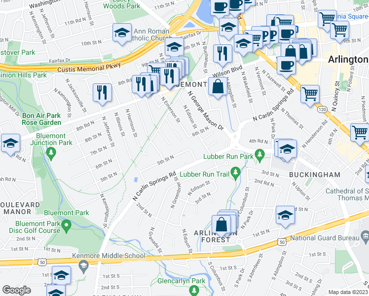 map of restaurants, bars, coffee shops, grocery stores, and more near 5213 5th Street North in Arlington