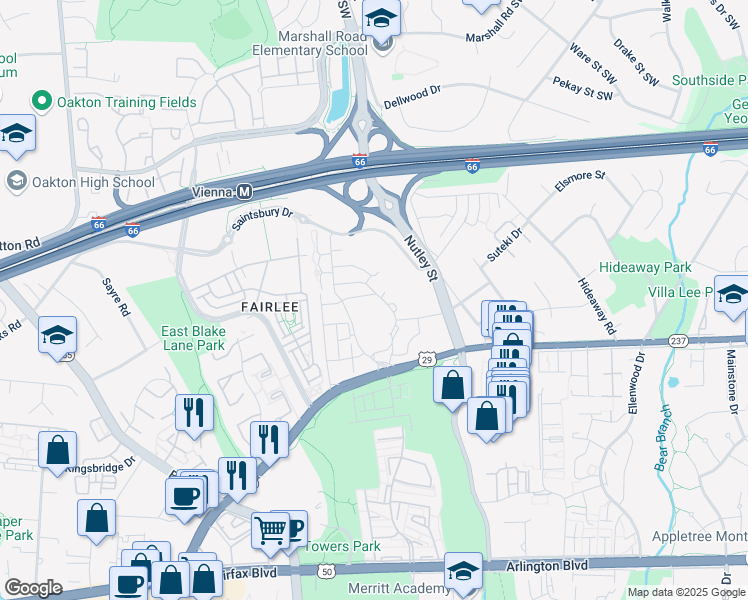 map of restaurants, bars, coffee shops, grocery stores, and more near 9299 Tower Side Drive in Fairfax