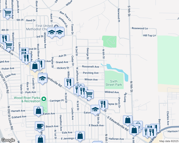 map of restaurants, bars, coffee shops, grocery stores, and more near 401 Pershing Avenue in Wood River