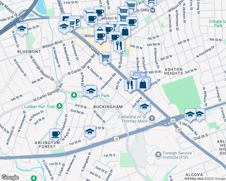 map of restaurants, bars, coffee shops, grocery stores, and more near 4301 4th Court North in Arlington