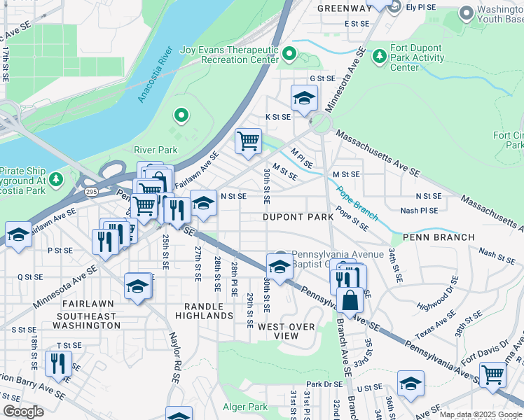 map of restaurants, bars, coffee shops, grocery stores, and more near 1305 30th Street Southeast in Washington