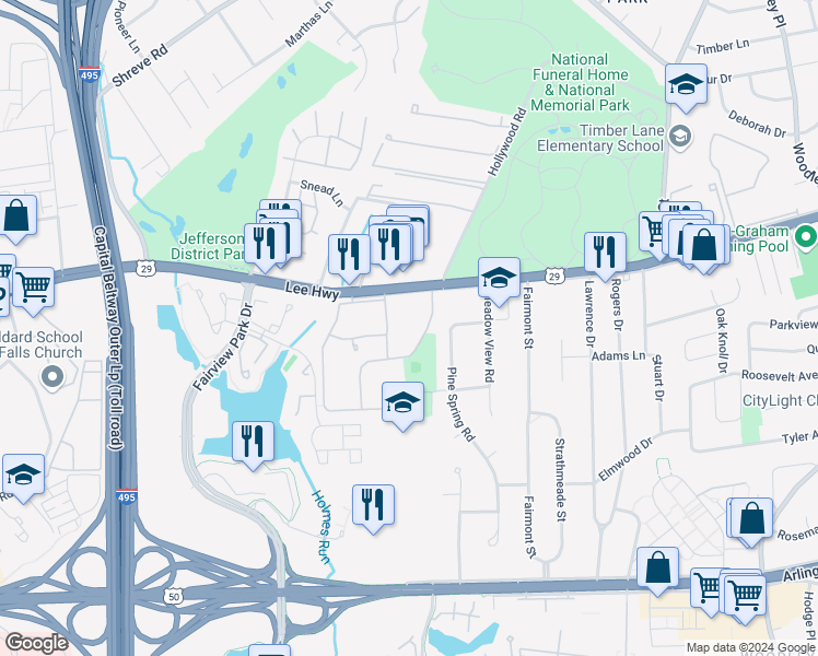 map of restaurants, bars, coffee shops, grocery stores, and more near 2852 Dover Lane in Falls Church
