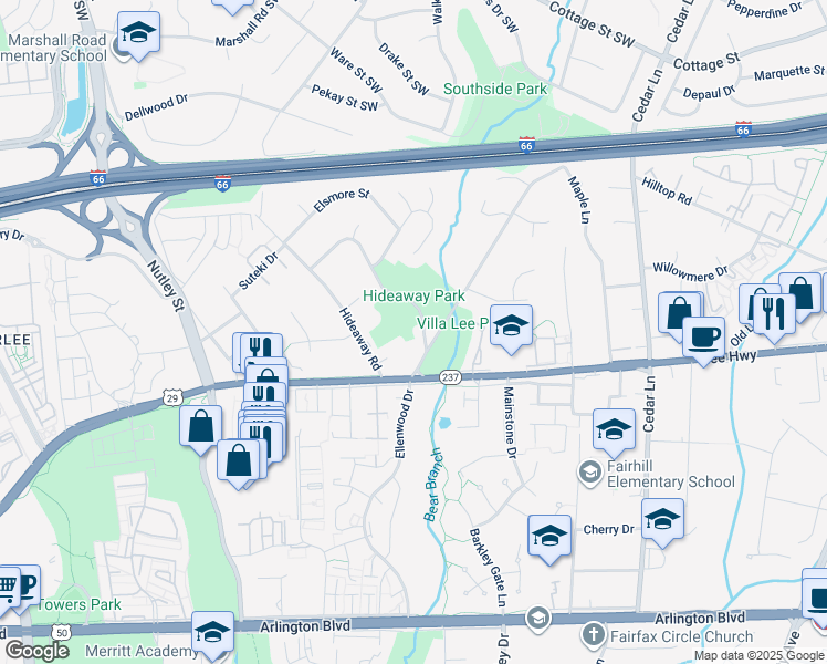 map of restaurants, bars, coffee shops, grocery stores, and more near 2912 Glenvale Drive in Fairfax