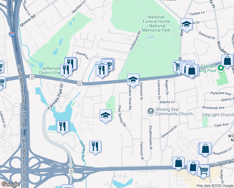 map of restaurants, bars, coffee shops, grocery stores, and more near 2900 Pine Spring Road in Falls Church