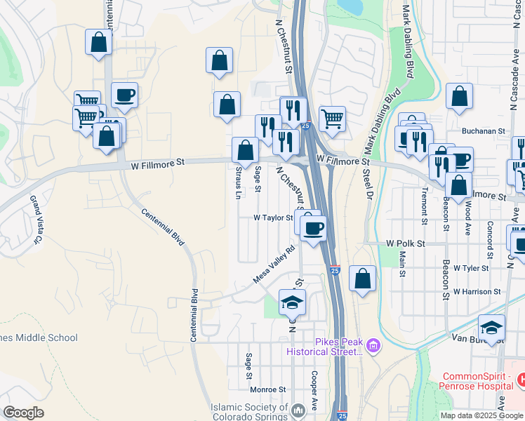 map of restaurants, bars, coffee shops, grocery stores, and more near 2903 Sage Street in Colorado Springs