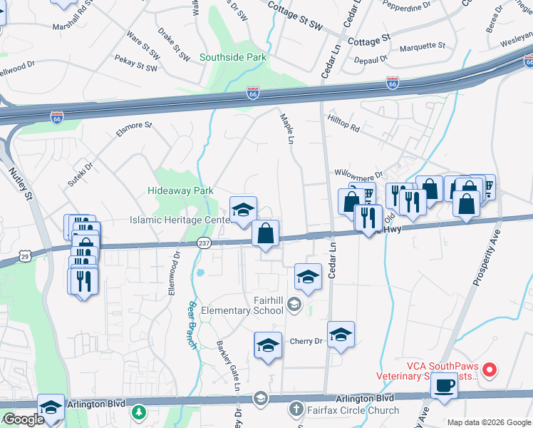 map of restaurants, bars, coffee shops, grocery stores, and more near 8871 Olive Mae Circle in Fairfax