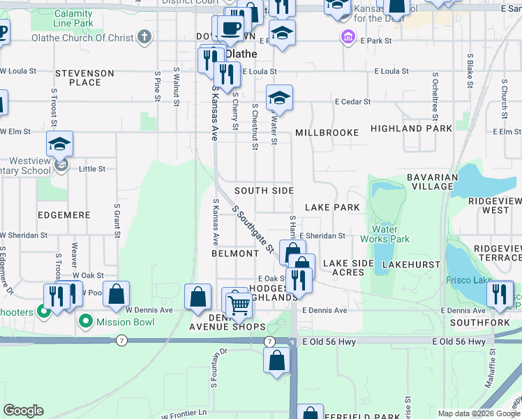 map of restaurants, bars, coffee shops, grocery stores, and more near 530 South Chestnut Street in Olathe