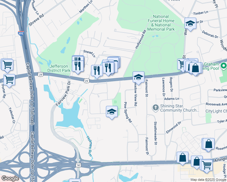 map of restaurants, bars, coffee shops, grocery stores, and more near 2852 Dover Lane in Falls Church