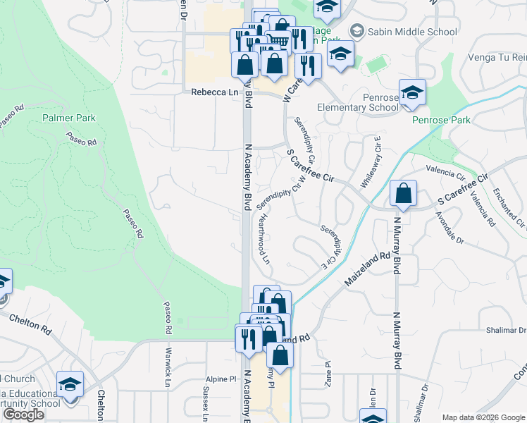 map of restaurants, bars, coffee shops, grocery stores, and more near 2821 Hearthwood Lane in Colorado Springs