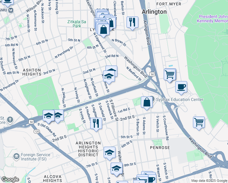 map of restaurants, bars, coffee shops, grocery stores, and more near 2805 Arlington Boulevard in Arlington