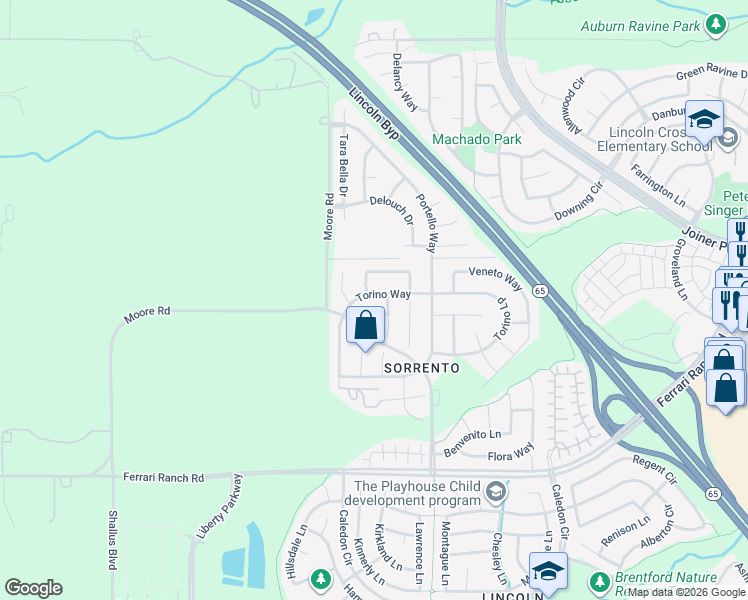 map of restaurants, bars, coffee shops, grocery stores, and more near 1943 Torino Way in Lincoln