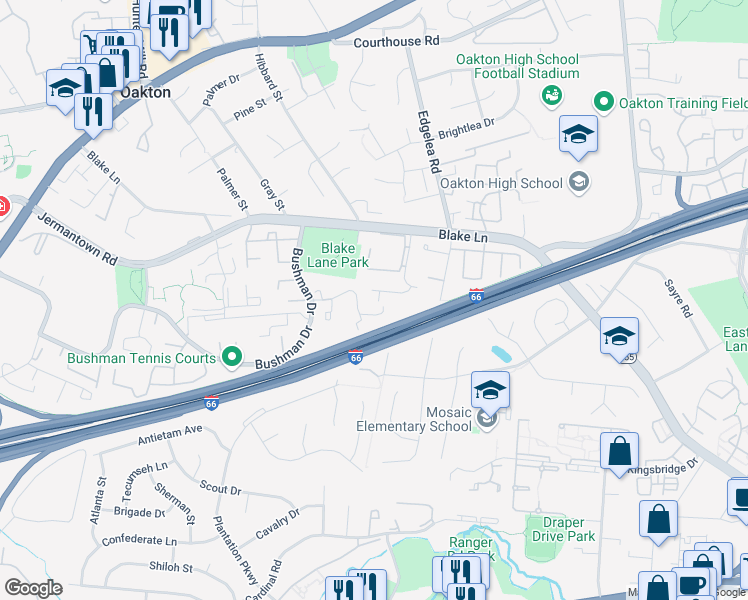 map of restaurants, bars, coffee shops, grocery stores, and more near 9998 Cyrandall Drive in Oakton