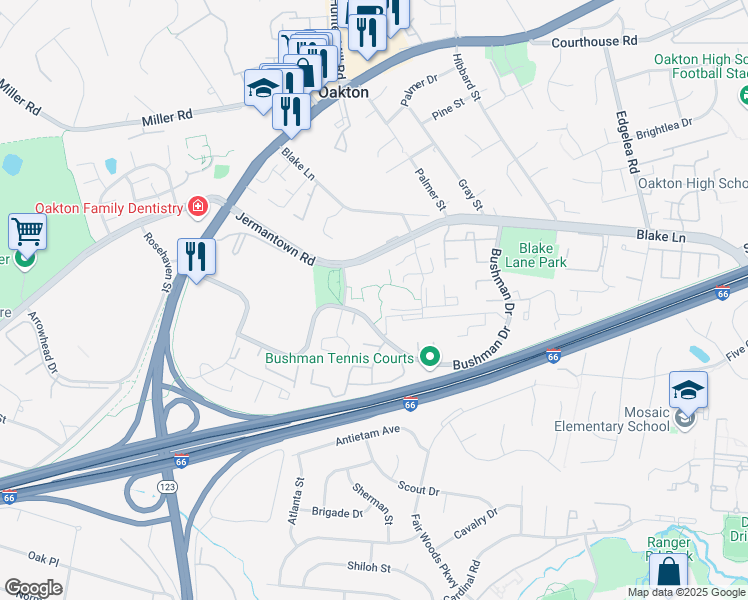 map of restaurants, bars, coffee shops, grocery stores, and more near 10300 Bushman Drive in Oakton
