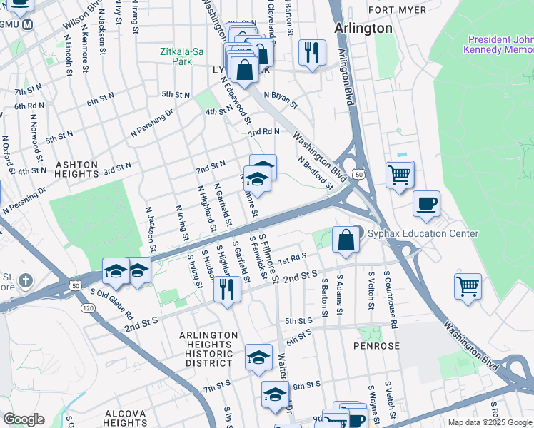 map of restaurants, bars, coffee shops, grocery stores, and more near 2811 Arlington Boulevard in Arlington