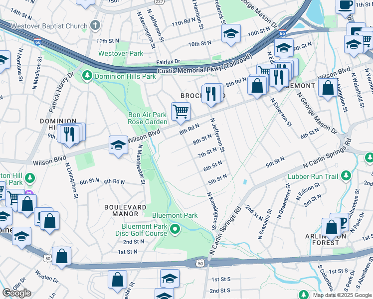 map of restaurants, bars, coffee shops, grocery stores, and more near 720 North Kensington Street in Arlington