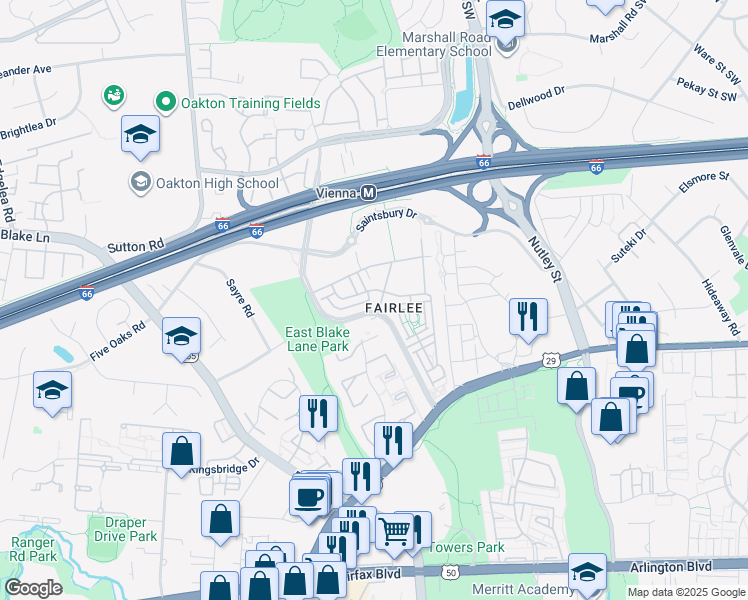 map of restaurants, bars, coffee shops, grocery stores, and more near 9521 Bastille Street in Fairfax