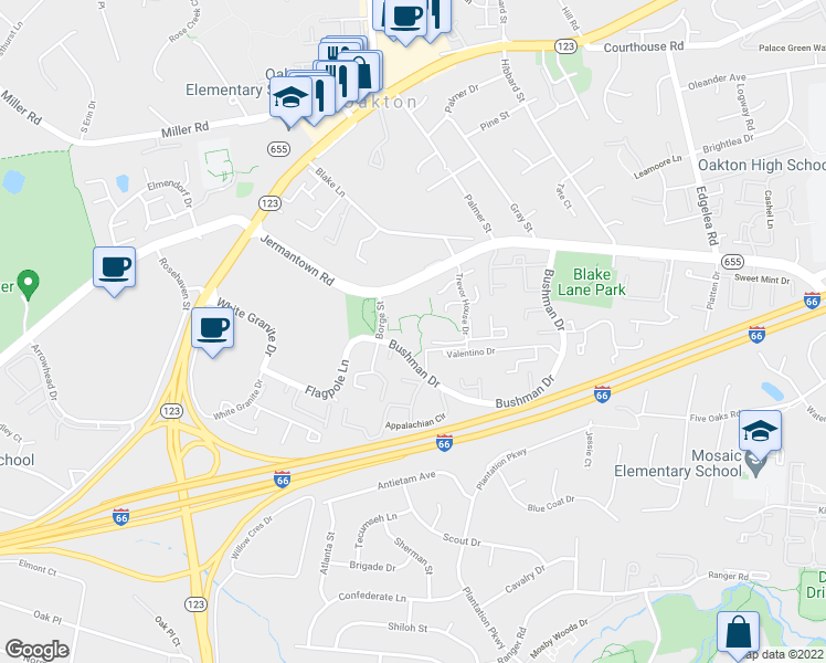 map of restaurants, bars, coffee shops, grocery stores, and more near 10300 Bushman Drive in Oakton