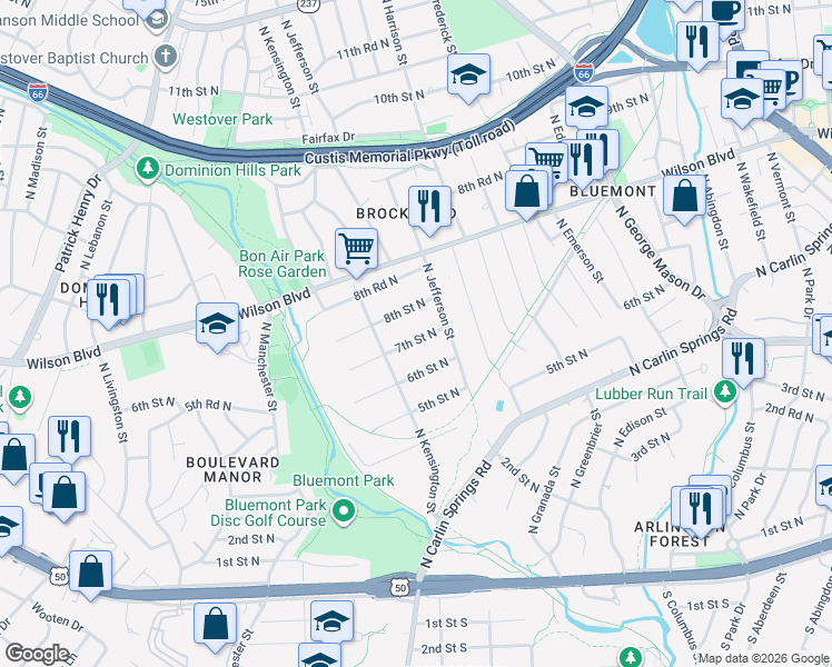 map of restaurants, bars, coffee shops, grocery stores, and more near 5627 7th Street North in Arlington