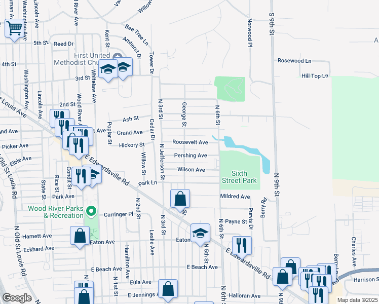 map of restaurants, bars, coffee shops, grocery stores, and more near 401 Pershing Avenue in Wood River