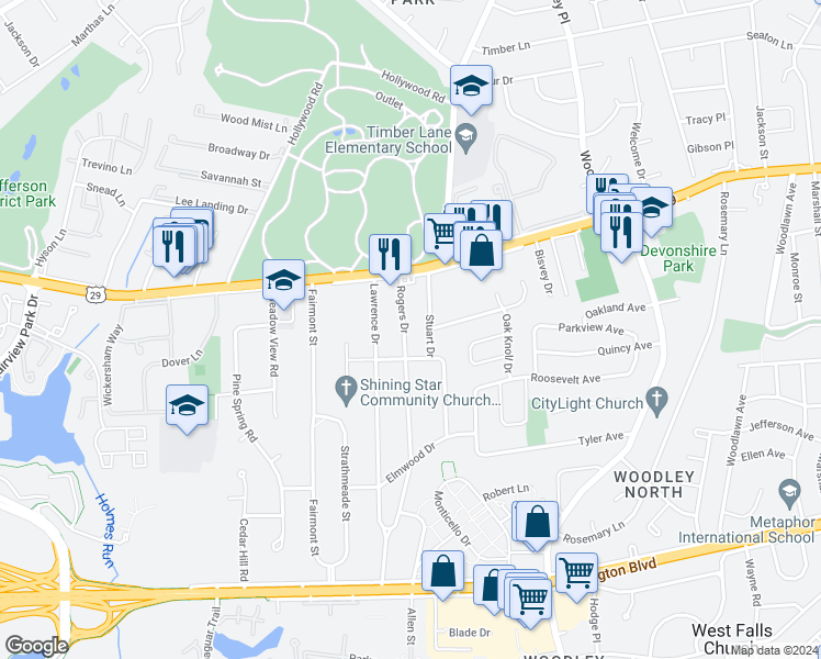 map of restaurants, bars, coffee shops, grocery stores, and more near 2855 Rogers Drive in Falls Church