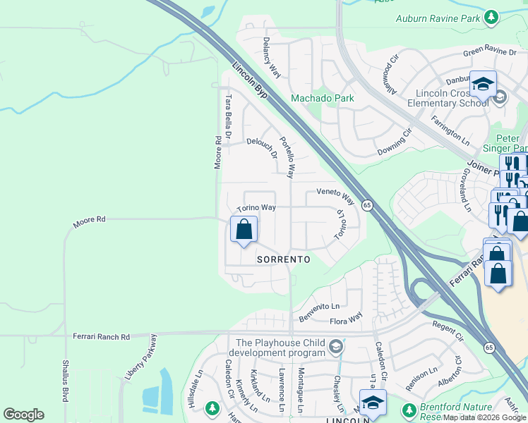 map of restaurants, bars, coffee shops, grocery stores, and more near 201 Livorno Place in Lincoln