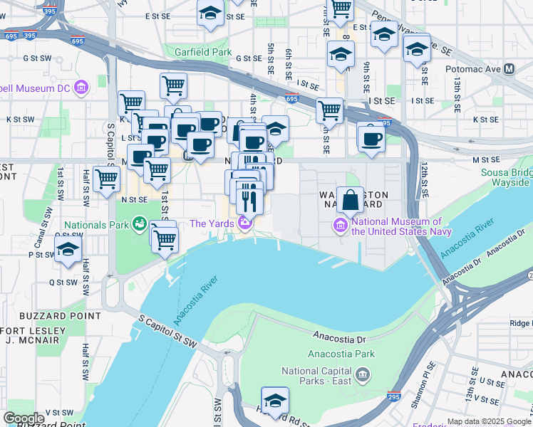 map of restaurants, bars, coffee shops, grocery stores, and more near 101 Independence Avenue Southeast in Washington