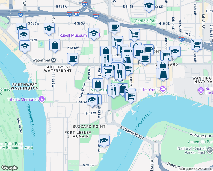 map of restaurants, bars, coffee shops, grocery stores, and more near 1319 South Capitol Street Southwest in Washington