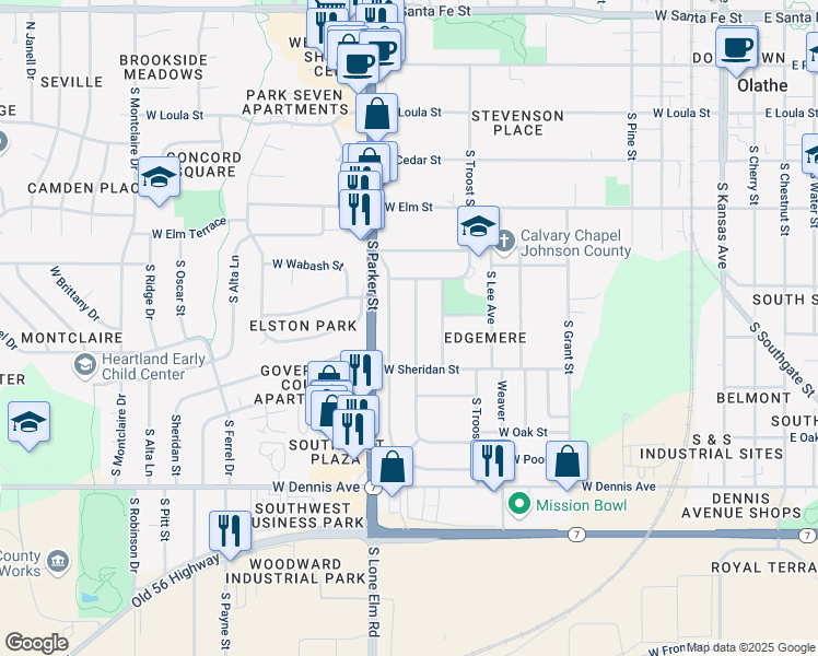 map of restaurants, bars, coffee shops, grocery stores, and more near 621 South Honeysuckle Drive in Olathe