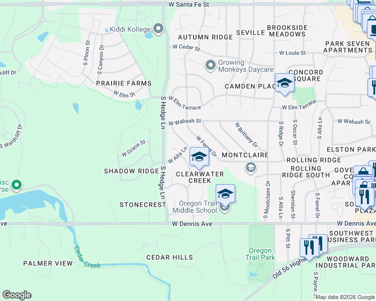 map of restaurants, bars, coffee shops, grocery stores, and more near 879 South Jaide Lane in Olathe