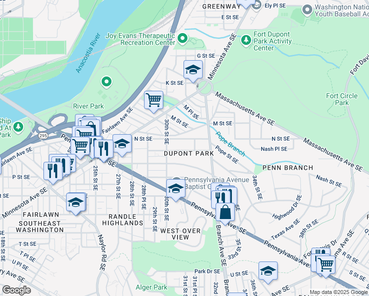 map of restaurants, bars, coffee shops, grocery stores, and more near 3032 Nash Place Southeast in Washington