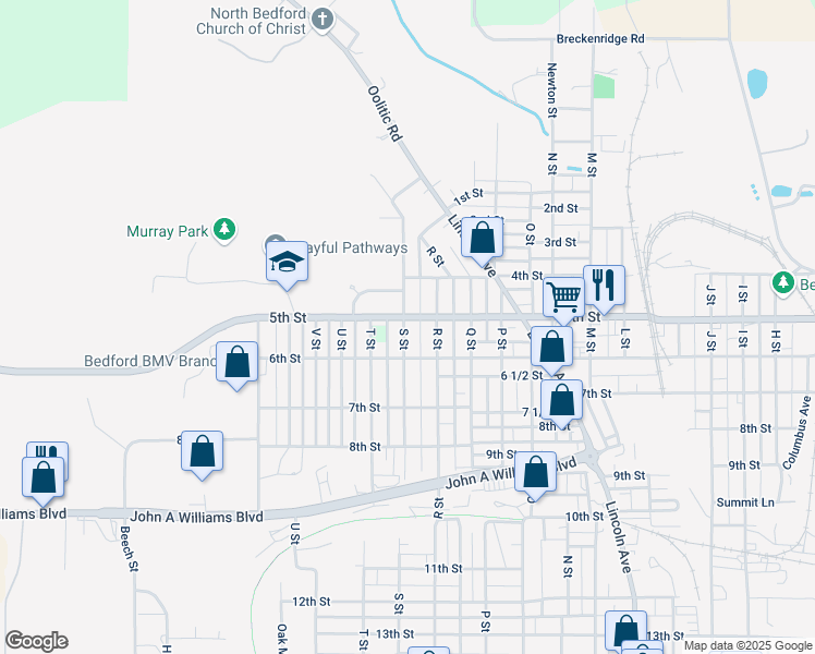 map of restaurants, bars, coffee shops, grocery stores, and more near 506 S Street in Bedford