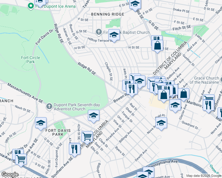 map of restaurants, bars, coffee shops, grocery stores, and more near 925 Ridge Road Southeast in Washington