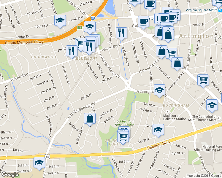 map of restaurants, bars, coffee shops, grocery stores, and more near N Edison St & 5th St N in Arlington