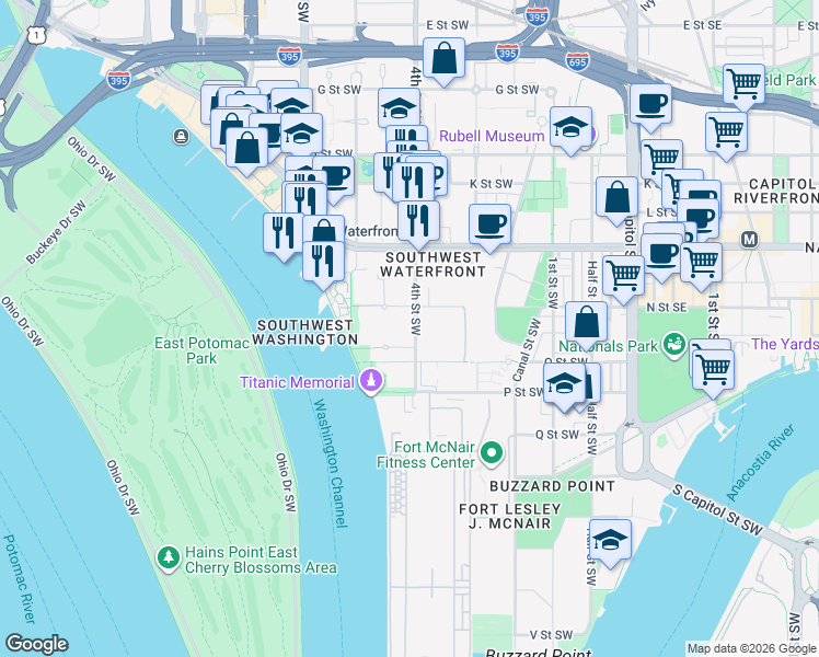 map of restaurants, bars, coffee shops, grocery stores, and more near 1317 4th Street Southwest in Washington
