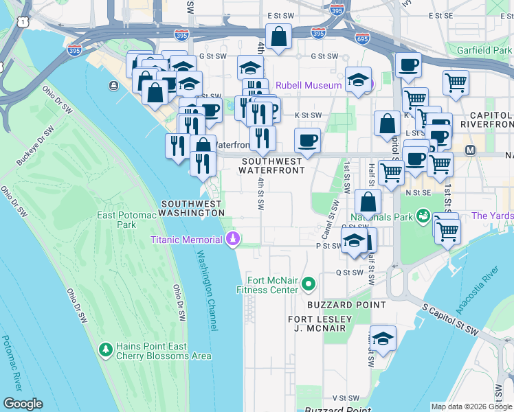 map of restaurants, bars, coffee shops, grocery stores, and more near 101 Independence Avenue Southeast in Washington