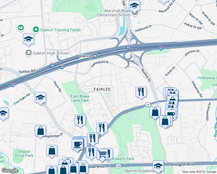 map of restaurants, bars, coffee shops, grocery stores, and more near 9556 Canonbury Square in Fairfax
