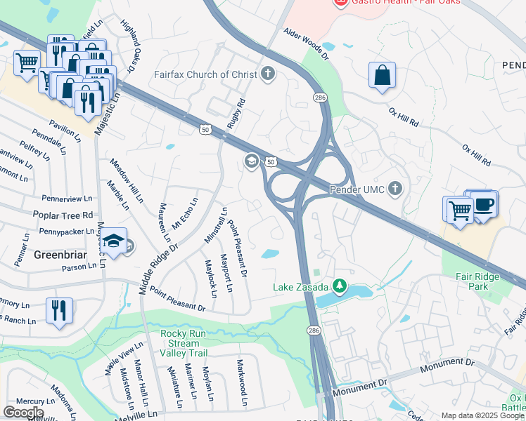 map of restaurants, bars, coffee shops, grocery stores, and more near 4029 Dogberry Lane in Fairfax