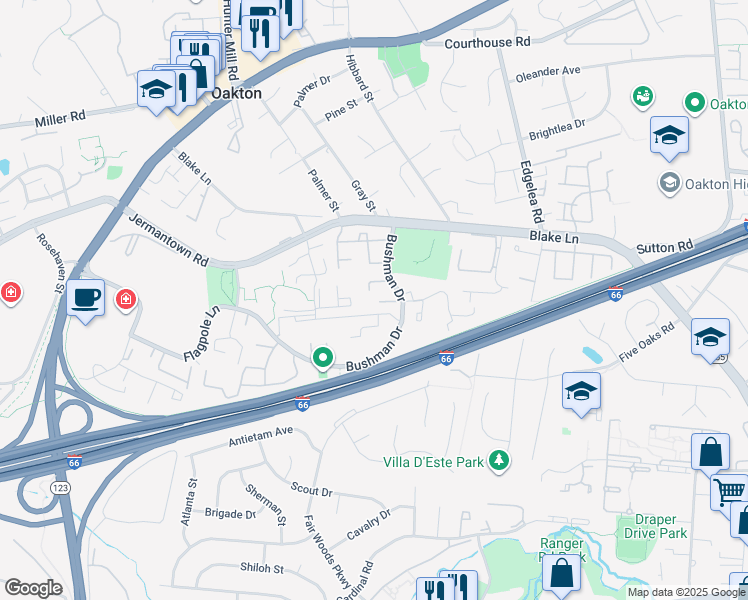 map of restaurants, bars, coffee shops, grocery stores, and more near 10129 Ebenshire Court in Oakton