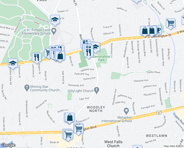 map of restaurants, bars, coffee shops, grocery stores, and more near 7128 Parkview Avenue in Falls Church