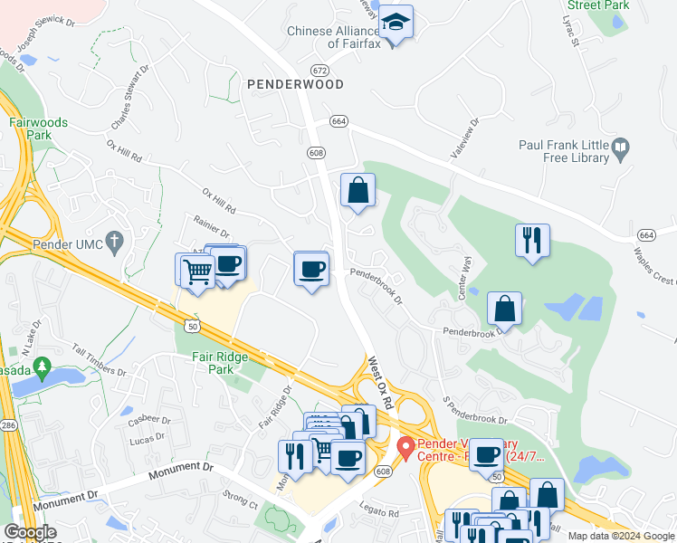 map of restaurants, bars, coffee shops, grocery stores, and more near W Ox Rd & Penderbrook Dr in Chantilly