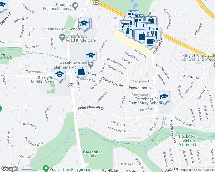 map of restaurants, bars, coffee shops, grocery stores, and more near 13208 Pennypacker Lane in Fairfax