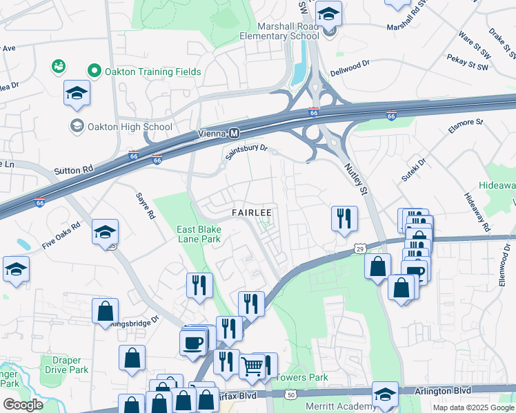 map of restaurants, bars, coffee shops, grocery stores, and more near 9424 Canonbury Square in Fairfax