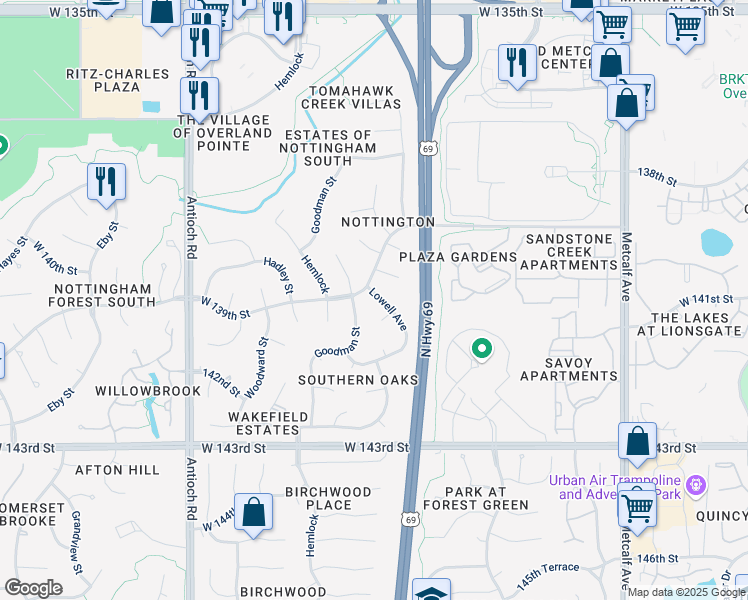 map of restaurants, bars, coffee shops, grocery stores, and more near 13906 Lowell Avenue in Overland Park