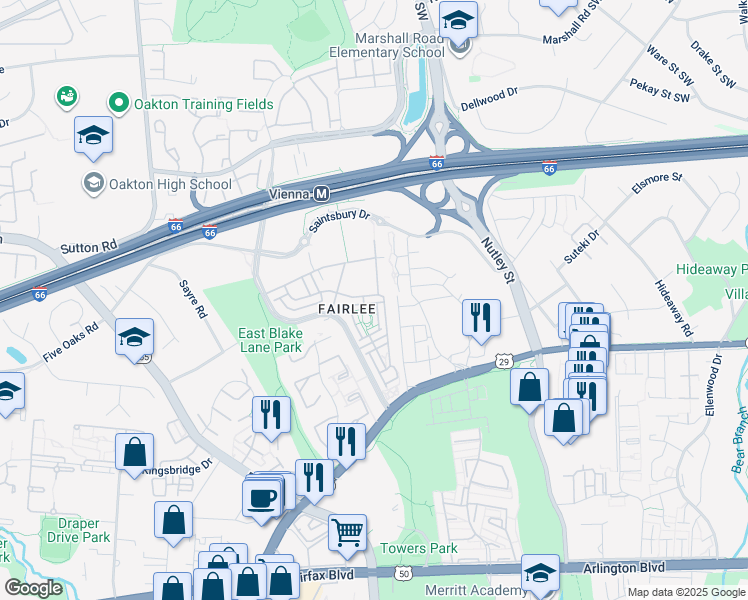 map of restaurants, bars, coffee shops, grocery stores, and more near 9550 Canonbury Square in Fairfax